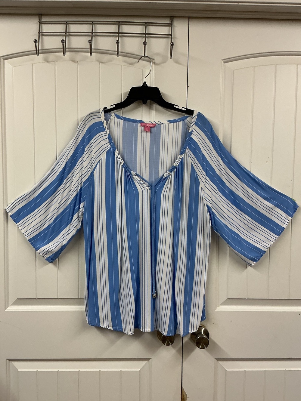 Woman Within Blue and White Striped V-Neck Blouse size 18-20